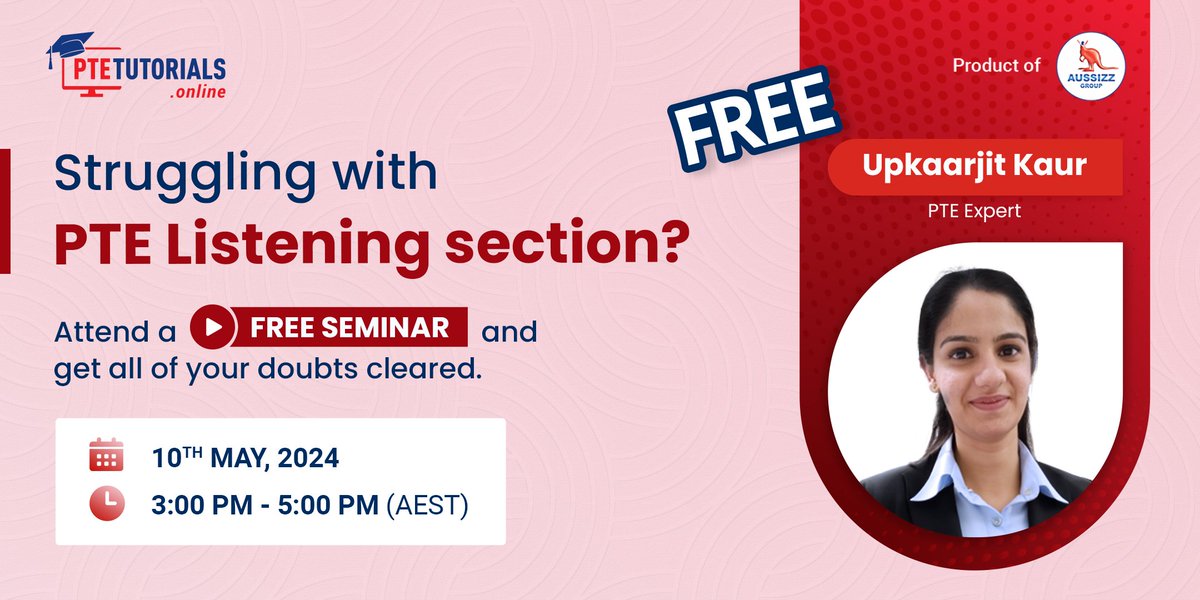 Feeling stuck with the PTE listening section? We get it, and we're here to help! Attend our 𝐅𝐑𝐄𝐄 seminar where our expert, Upkarjit Kaur, will guide you through winning strategies to ace the test: shorturl.at/fkzCZ

#PTEExam #PTEPreparation #PTEAcademic #PTElistening