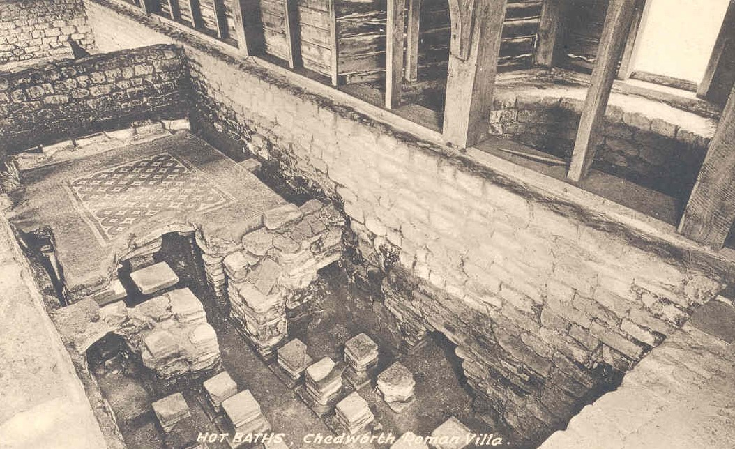 An old post card showing the West Range bathhouse at Chedworth Roman Villa. This view, taking in the hypocaust system (underfloor heating) and warm room mosaic, remains one of the most photographed moments at the Villa today. #mosaics #MosaicMonday