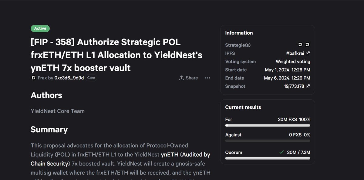 YieldNest (@yieldnestfi) on Twitter photo YES! Voting is officially over and...
We are excited to announce that we have received an overwhelming (100%) majority "YES" votes.
With this, we will receive a strategic allocation from <a href="/fraxfinance/">Frax Finance ¤⛓️¤</a>, which fortifies our partnership and enhances both of our market positions. YES! Voting is officially over and...
We are excited to announce that we have received an overwhelming (100%) majority "YES" votes.
With this, we will receive a strategic allocation from <a href="/fraxfinance/">Frax Finance ¤⛓️¤</a>, which fortifies our partnership and enhances both of our market positions.
