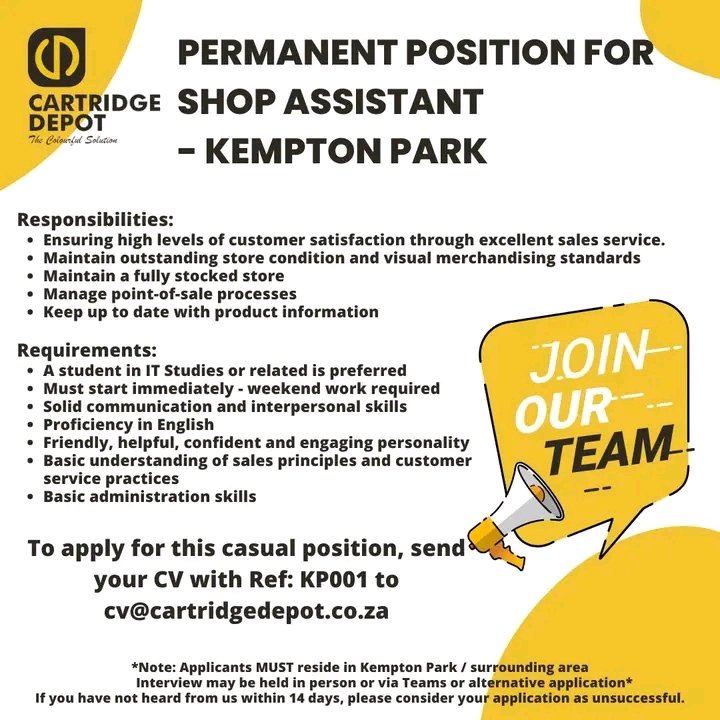 Permanent position for shop assistant 
Kempton Park