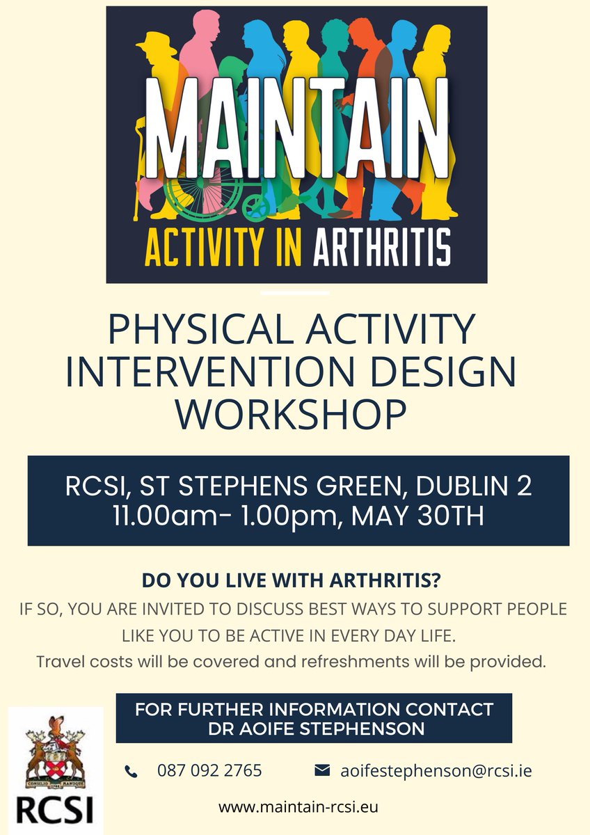 Do you live with arthritis? You are invited to attend a workshop to discuss the best ways to support those living with arthritis to remain active, taking place on Thursday 30th May at the RCSI, St. Stephen's Green from 11am-1pm.