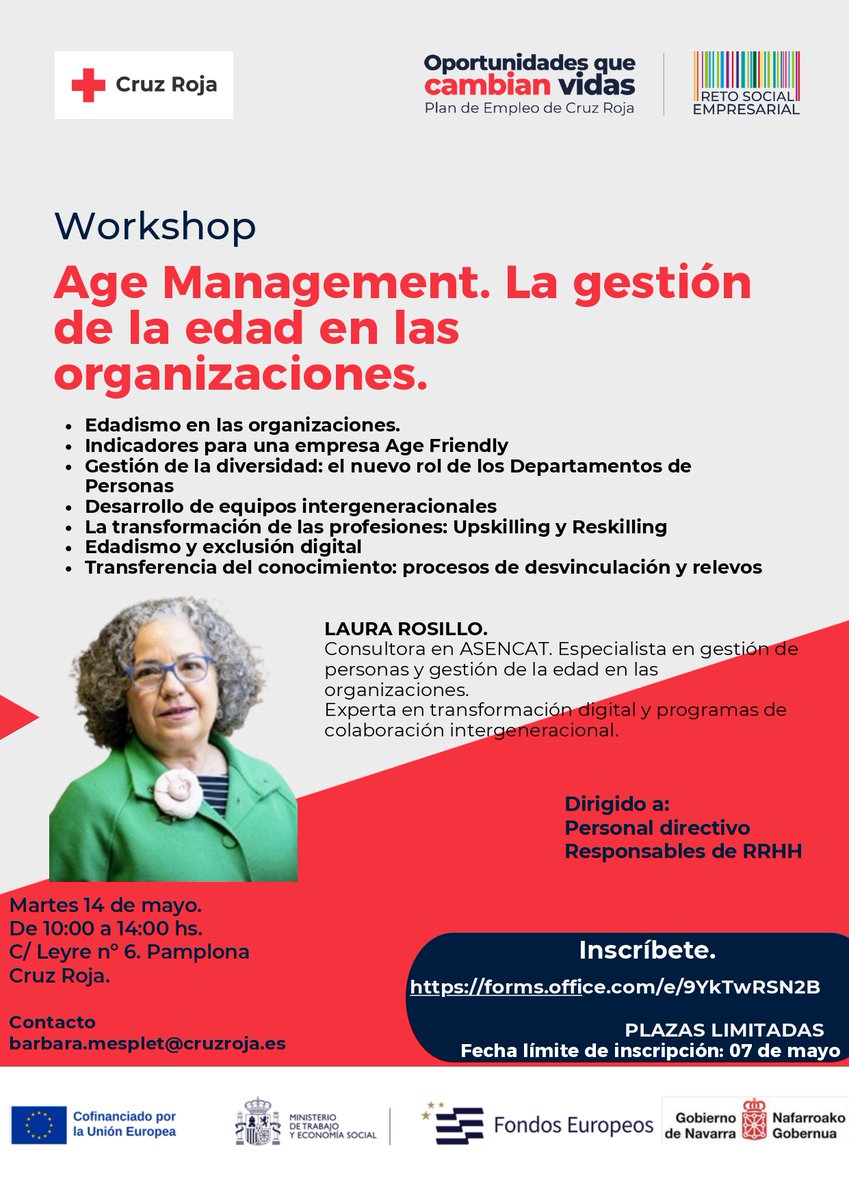 ¡¡Mañana finaliza el plazo de inscripción!!!! El #PlanEmpleoCruzRoja ha programado un taller sobre “La gestión de la edad en las organizaciones”, para el próximo 14 de mayo, en Pamplona, a cargo de la experta Laura Rosillo. Reserva tu plaza aquí: ow.ly/WQc050RvYf0