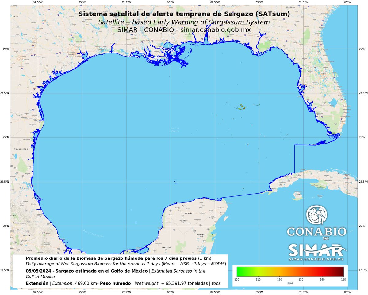 Sistema satelital de alerta temprana de Sargazo (SATsum)
SIMAR - CONABIO

Boletín 2024-05-05

Sargazo estimado en el Golfo de México

Extensión: 469 km²
Peso húmedo: ~ 65,392 toneladas

simar.conabio.gob.mx/alertas/#sarga…

#sargazo #sargassum #conabio