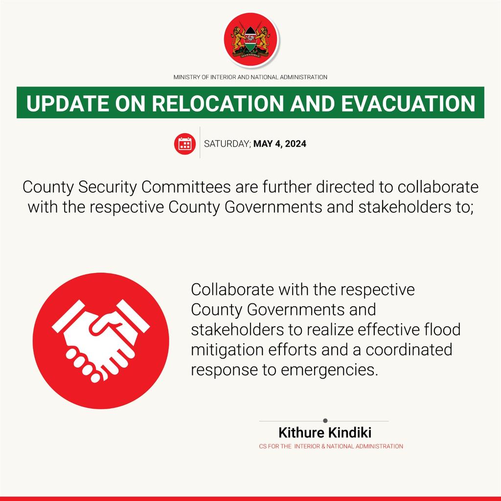 Interior Cabinet Secretary Kithure Kindiki prioritizes dignity and respect in crisis management, directing security agencies to conduct relocations and evacuations with compassion for affected individuals.

#MitigatingFloodsEffects