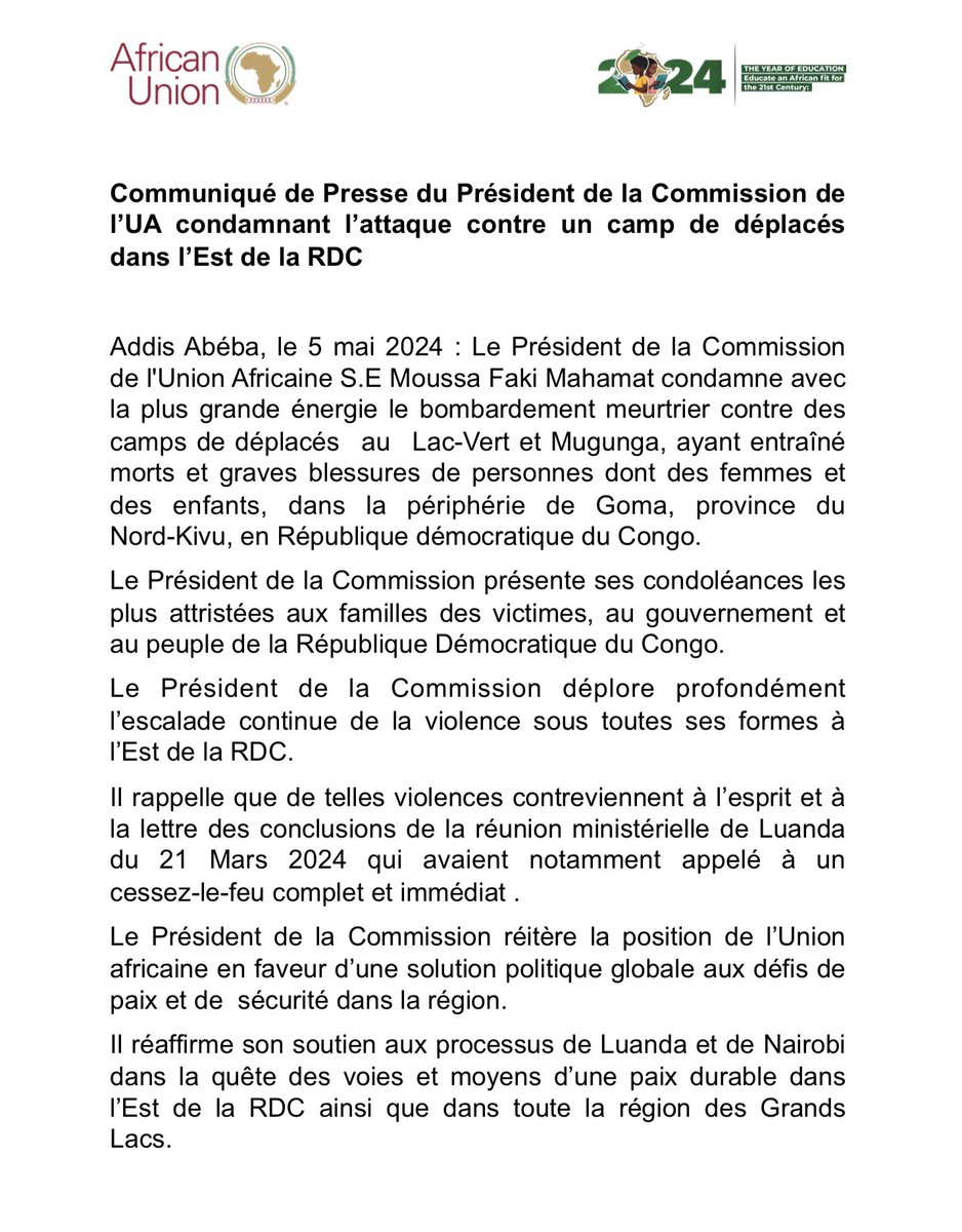 Communiqué de Presse du Président de la Commission de l’UA @AUC_MoussaFaki condamnant l’attaque contre un camp de déplacés dans l’Est de la #RDC au.int/fr/pressreleas…