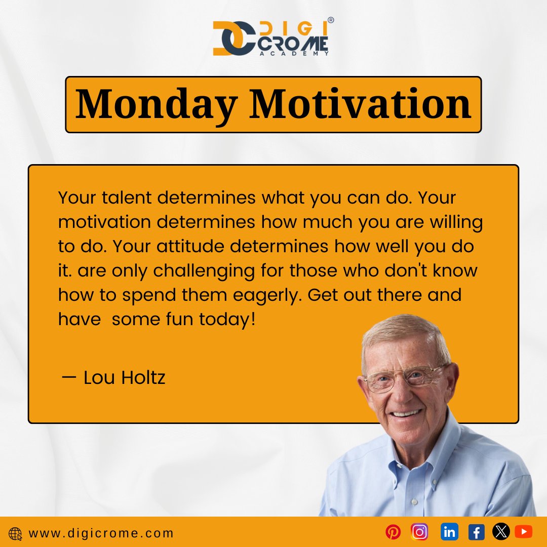 𝐌𝐨𝐧𝐝𝐚𝐲 𝐌𝐨𝐭𝐢𝐯𝐚𝐭𝐢𝐨𝐧

🌟Your talent determines what you can do. 🚀Your motivation determines how much you are willing to do. Your attitude determines how well you do it.
-Lou Holtz

#MotivationMonday  #career #Mindset  #PositiveVibes  #business  #inspirational