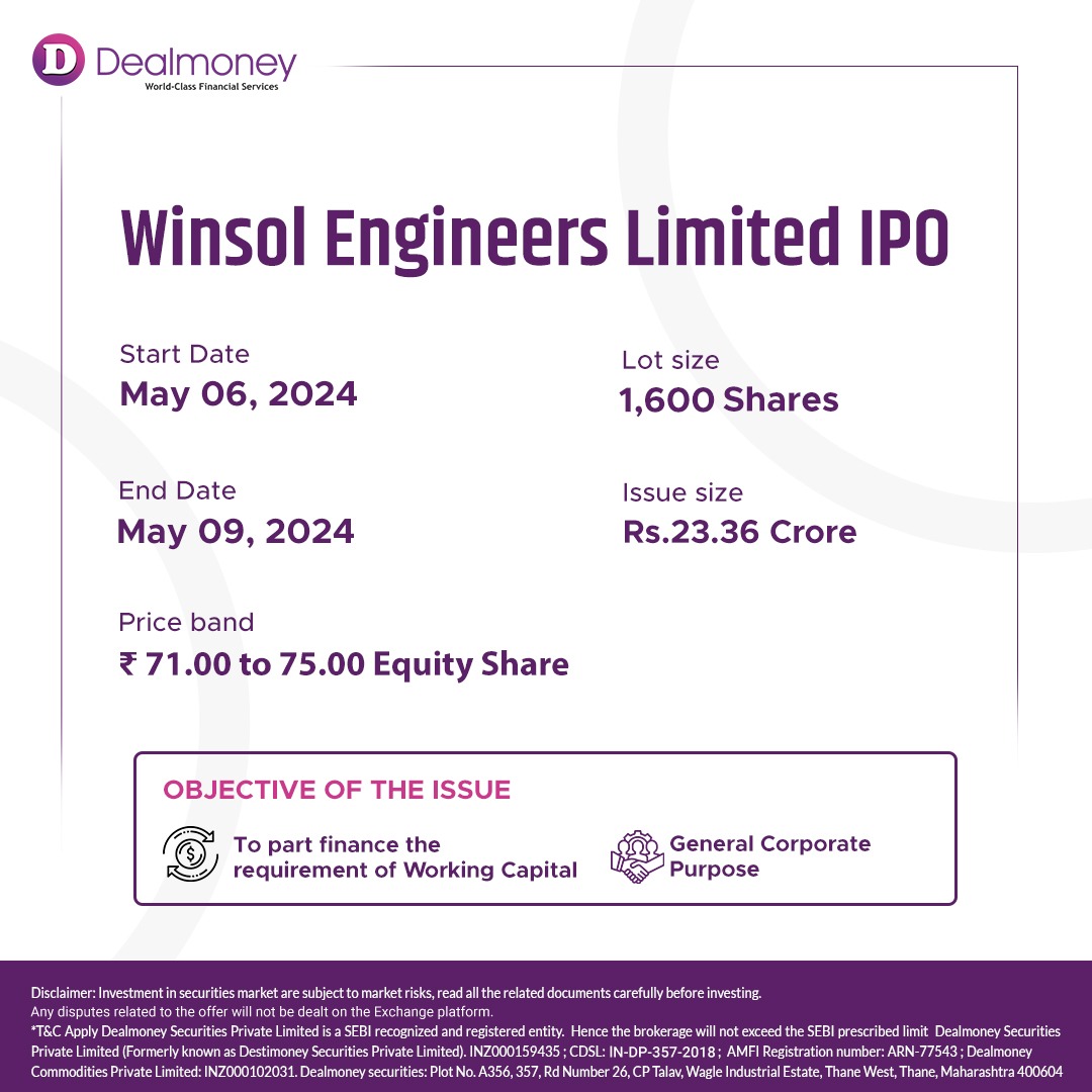 Winsol Engineers Limited IPO Details open for subscription from May 06, 2024 - May 09, 2024

Apply now. Link in Bio.

#Dealmoney #IPOalert #DematAccount #OpenDemat #Demat #Trading #Invest #investment #Money #InvestmentPower #Trending #ipo