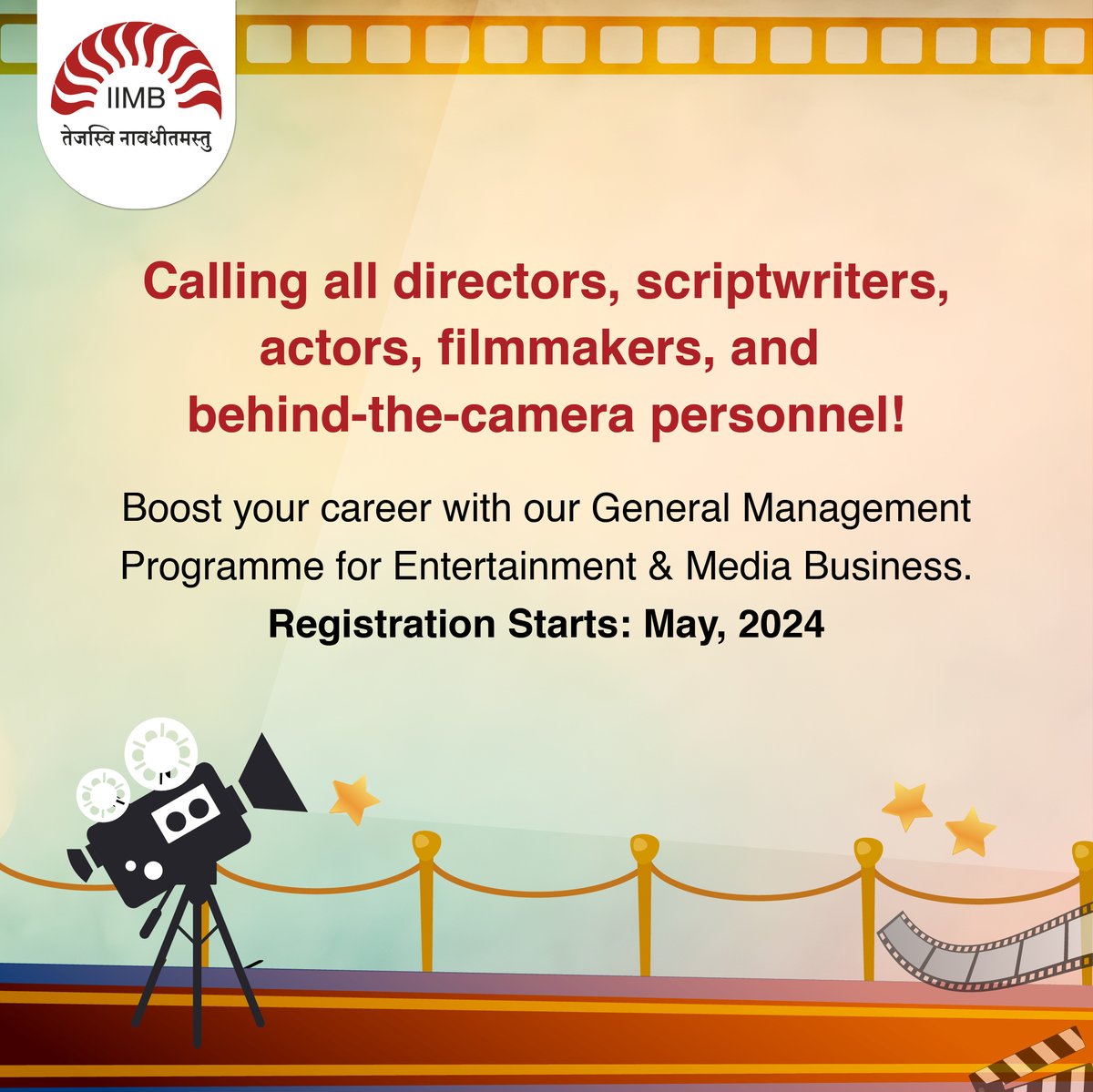 Calling all directors, scriptwriters, actors, filmmakers, and behind-the-scenes talents! Our General Management Programme for #Entertainment & Media Business awaits you. Registration opens in May 2024. Let's elevate your career together!

#IIMB #IIMBangalore #GEM #MediaBusiness