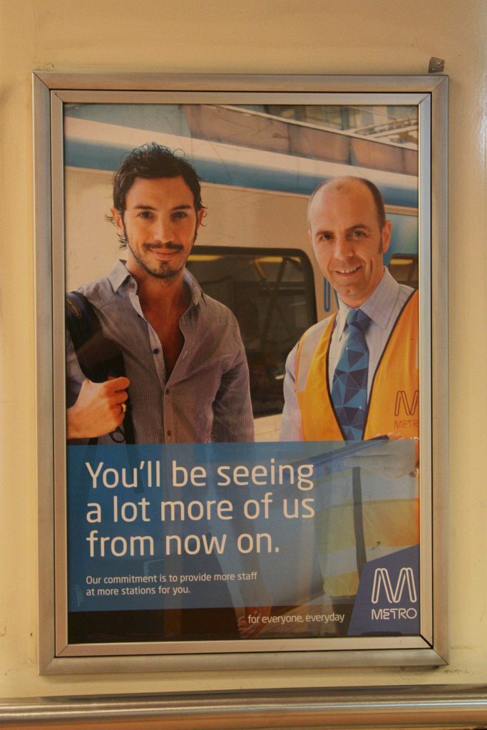 On this day 10 years ago, 6 May 2014: Metro Trains Melbourne 'You'll be seeing more station staff' poster from early 2010 still in place. Metro came to Melbourne promising to increase the number of staff on the network, but after some early gains, host s… railgallery.wongm.com/page/on-this-d…