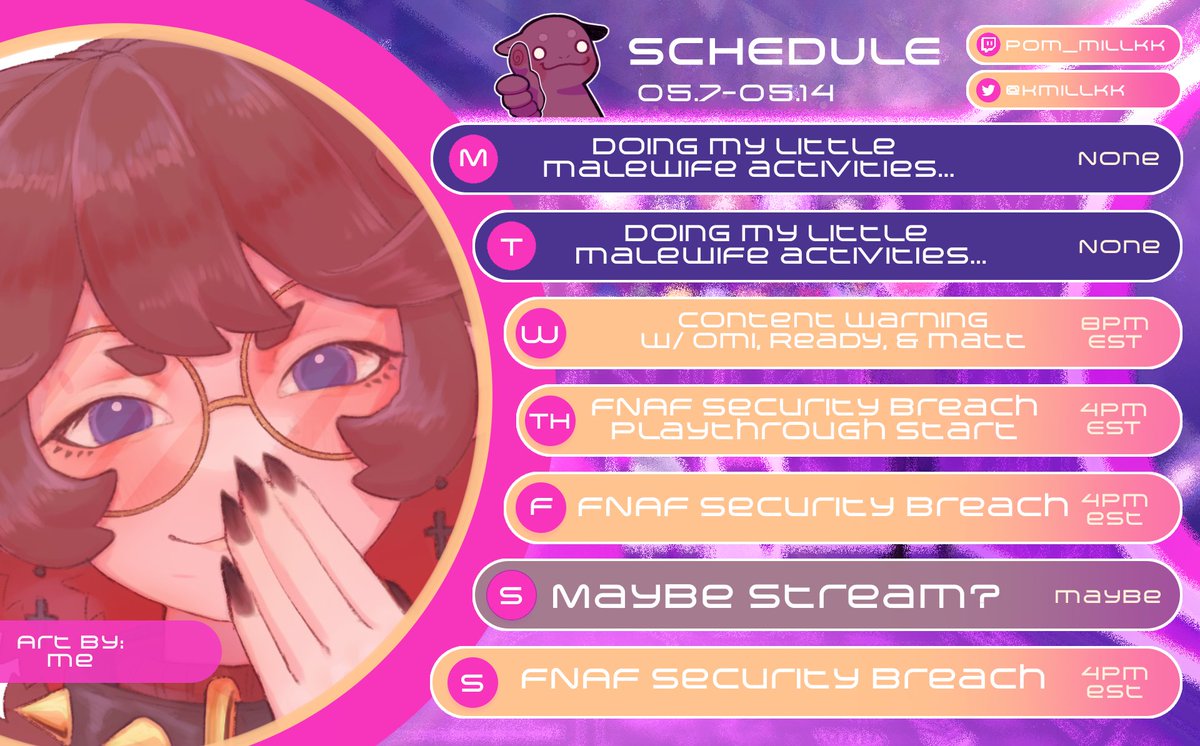 Back at it again with a schedule 📅

Got a proper collab this week, plannin others for next week ^^
#vtuber #vtuberschedule