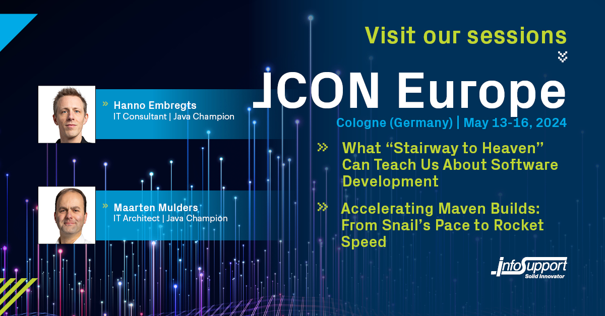 InfoSupportBV's tweet image. Get ready for @jcon_conference! Join @hannotify for legendary rock music and coding. @mthmulders and @bmarwell will reveal secrets about #Maven.
More: infosupport.it/3yaXu3A
#InfoSupportExperts #JavaChampions #JCON2024