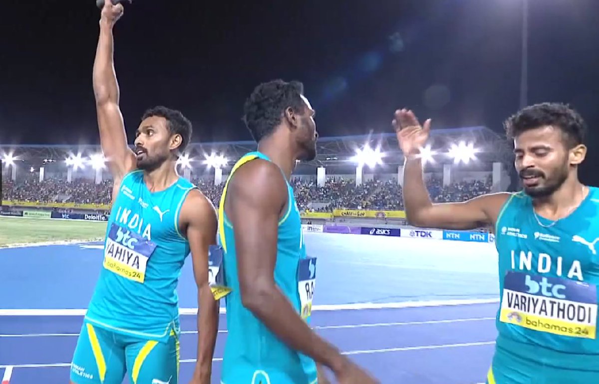 🚨 INDIA SCRIPTS AN OLYMPIC DREAM! Indian Men's Team booked a 🎟️ to the #ParisOlympics 4x400m Relay! 🔝 ⏱️3:03.23 finishing behind 🇺🇲 Amoj Jacob might be the name you forget on ordinary days but today he was just the star India needed in Paradise. #IndianAthletics