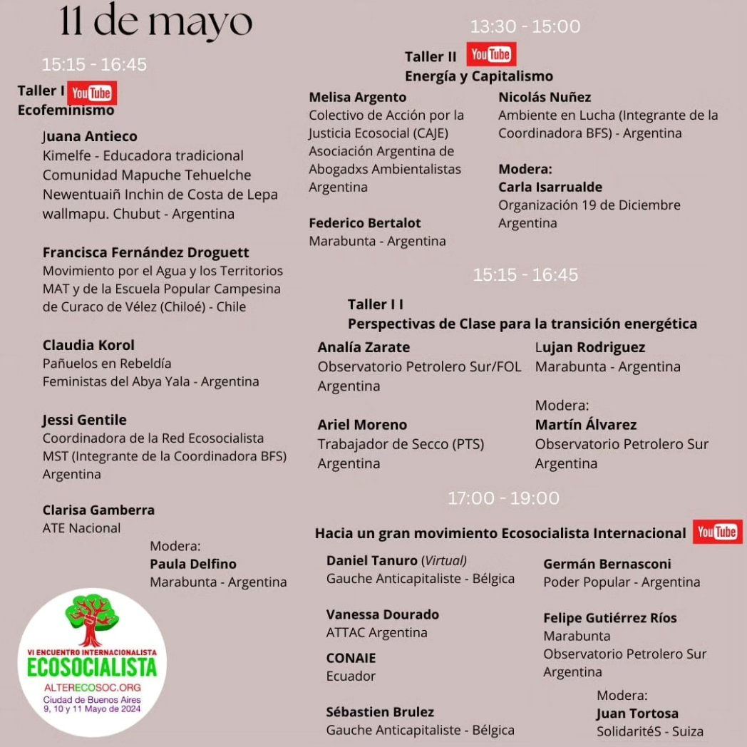 Estos son los talleres y paneles del sábado 11 de mayo en el encuentro internacional eco-socialista en Buenos Aires. Inscribite!