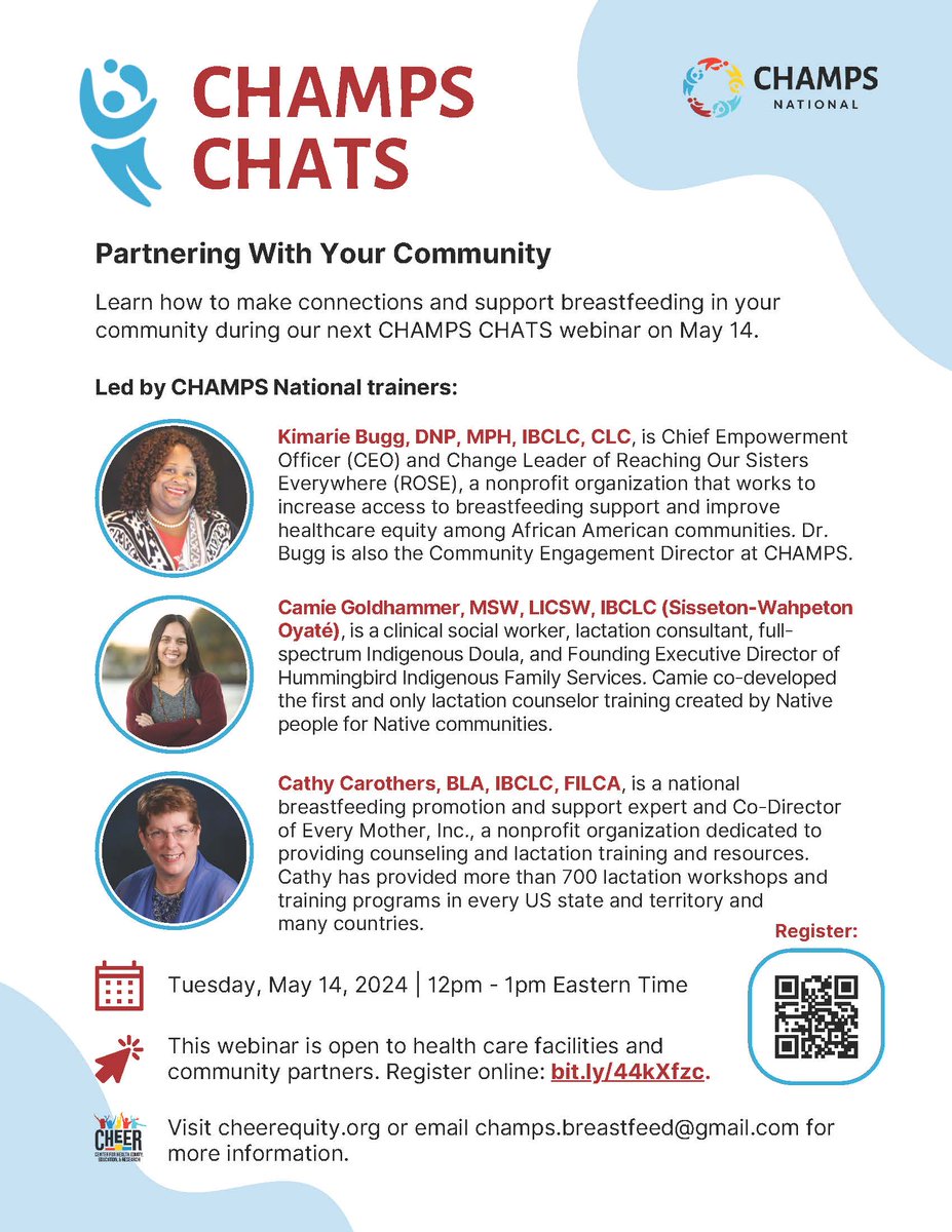 TOMORROW!!! Join #CHAMPSChats webinar on May 14th! Learn community breastfeeding support with experts. Register: bit.ly/44kXfzc #Breastfeedingsupport #communityengagement
