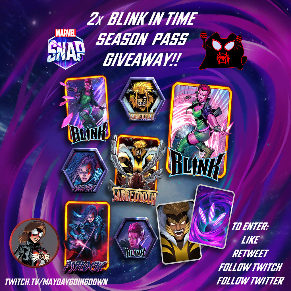 Hey y'all! I’m doing a giveaway for 2 Blink in Time season passes!

How to enter: 
♦️ Like & Retweet
♦️ Follow MaydayGoingDown on Twitch
♦️ Follow @MaydayGoingDown
Bonus: Comment a 💜 to signal the Exiles & drop your favorite X-Men card

I’ll pick 2 winners LIVE 1am AEST May 8th!