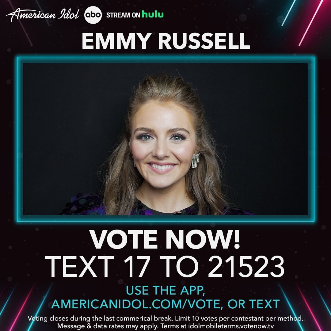 If you think Emmy Russell great and you want her in your #AmericanIdol #TOP5 then VOTE NOW. Don’t forget the #AmericanIdol season finale is in two weeks. Don’t forget voting close during the last commercial break.

#AmericanIdol #ABCNetwork #Disney #TheNextAmericanIdol #Hulu…