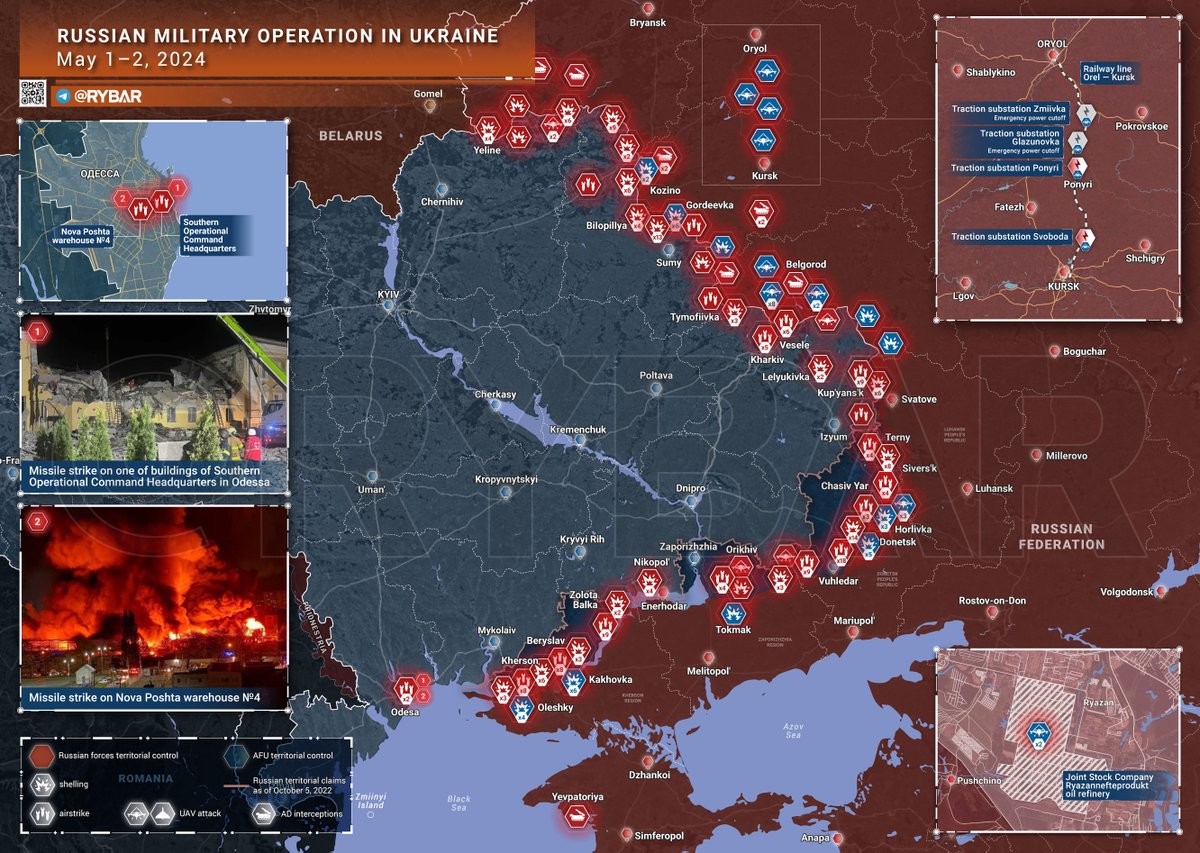 🇷🇺⚔️🇺🇦 Resultados de la operación especial en Ucrania al finalizar el 1 de mayo: ⚔️ La situación en los frentes: ◽️En la dirección de Artyómovsk (Bajmut): Las Fuerzas Aeroespaciales rusas continúan destruyendo posiciones ucranianas en Chasov Yar y sus alrededores. Según la