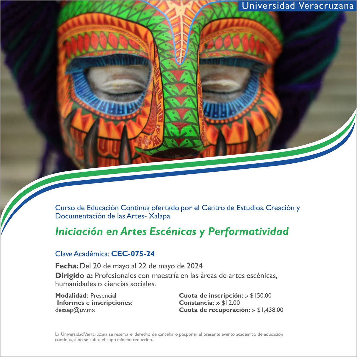 #ComunidadUV El Centro de Estudios, Creación y Documentación de las Artes y @EdContinuaUV nos invitan a tomar el curso de 'Iniciación en Artes Escénicas y Performatividad'. 🎭 ¡Conoce nuevas formas de expresión artística! Informes: desaep@uv.mx