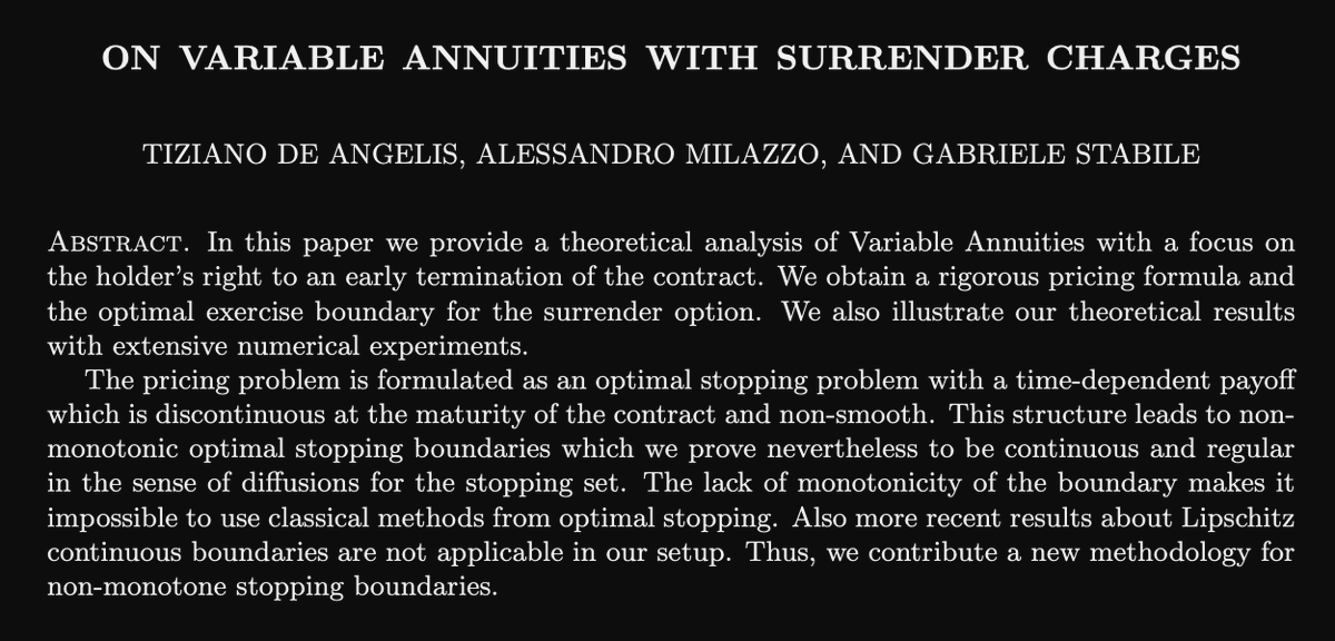 'In this paper we provide a theoretical analysis of Variable Annuities with a focus on the holder’s right to an early termination of the contract. We obtain a rigorous pricing formula and the optimal exercise boundary for the surrender option. We also illustrate our theoretical