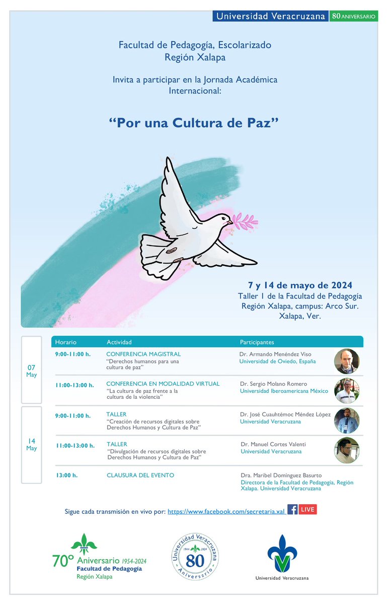 #RegiónXalapa Hablemos de la cultura de paz🕊️ a través de esta Jornada Académica la Facultad de Pedagogía modalidad escolarizado. Conéctate con expertos de la Universidad de Oviedo, España, y la Universidad Iberoamericana. 7 y 14 mayo | 9 a 13 h | Presencial o #FacebookLive