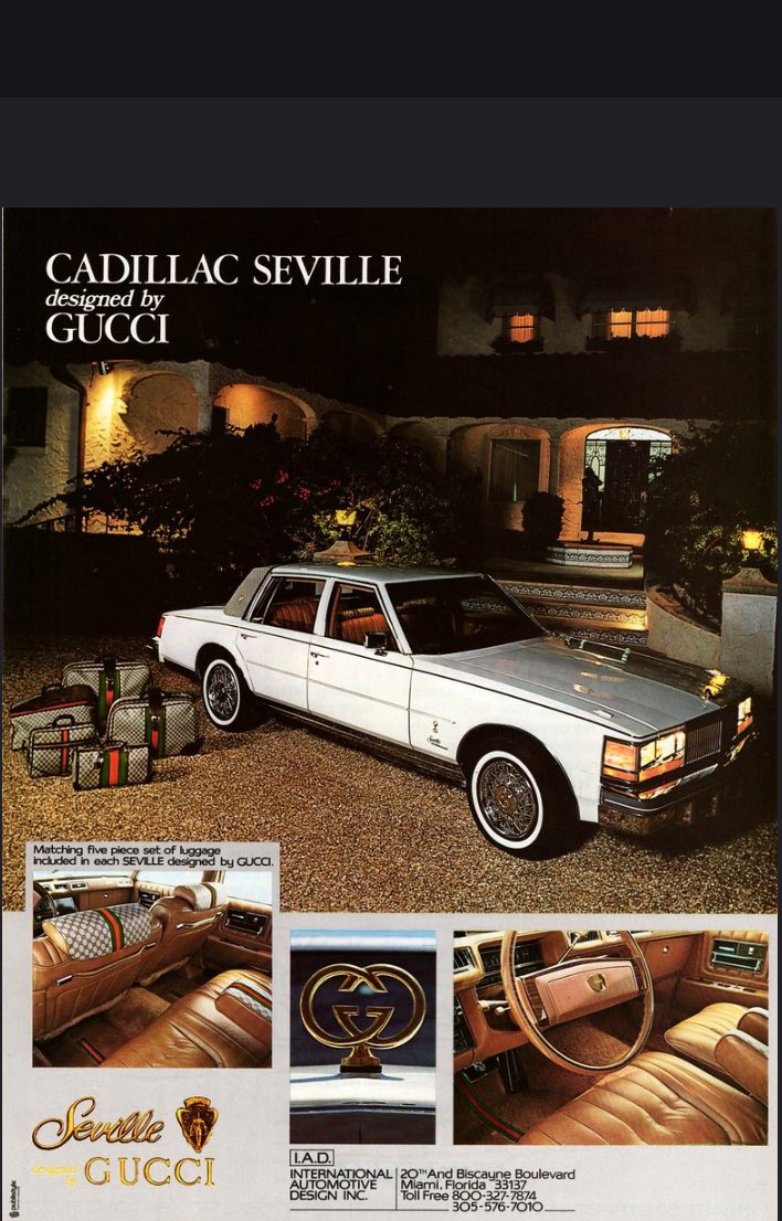 Cadillacs got the designer treatment too, just like the Lincoln Continentals, but this Gucci was not from Cadillac. It was a private effort. Unlike the Continental designer series, which were actually designed in-house at Lincoln, the Gucci was really designed by Aldo Gucci.