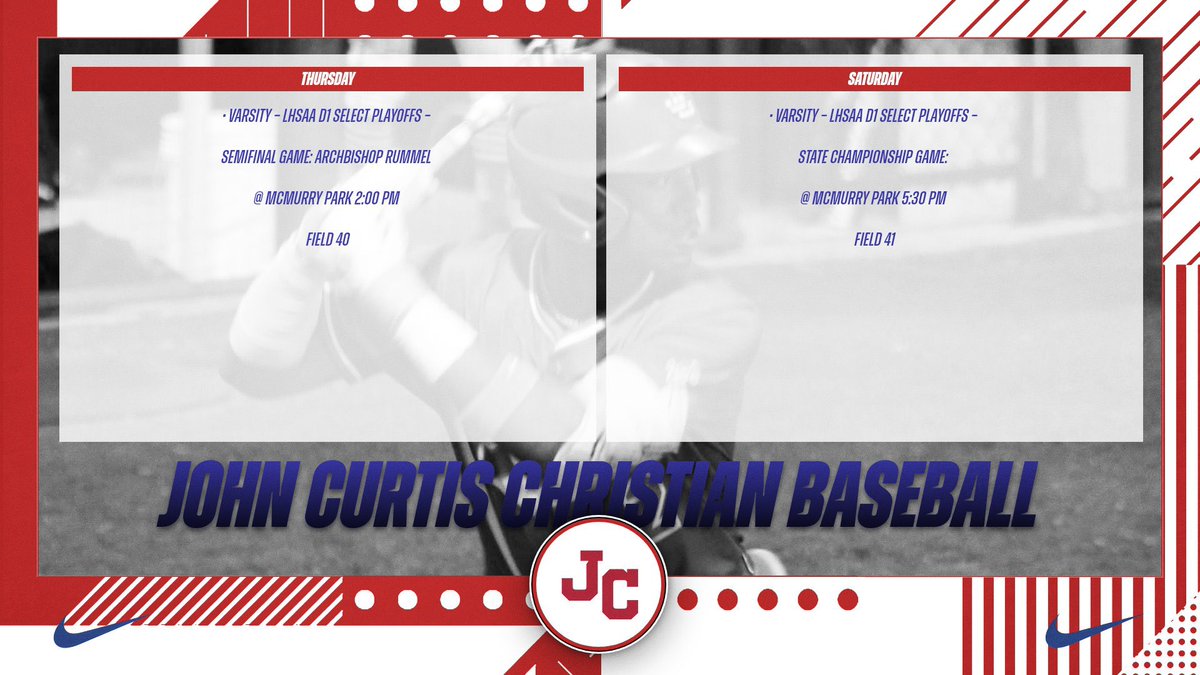 Here’s the weekly schedule for the John Curtis Baseball Program! *ALL GAMES AND LOCATIONS SUBJECT TO CHANGE** #PatriotPower #BCFL