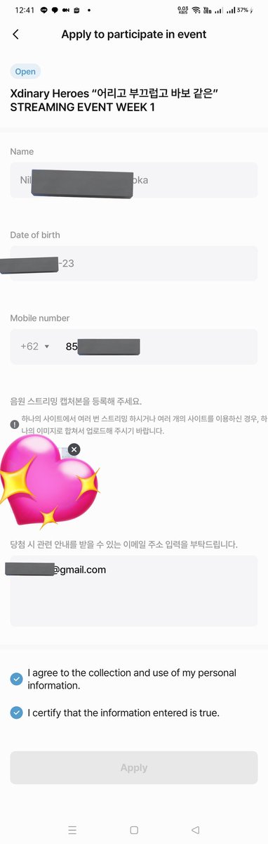 @kittyranyang karena aku villains 1st gen jadi nama sama tgl lahir udah keisi otomatis.
udah aku masukin email no hp sesuai akun fans & membership, tetep ga muncul apply button nya 🤧