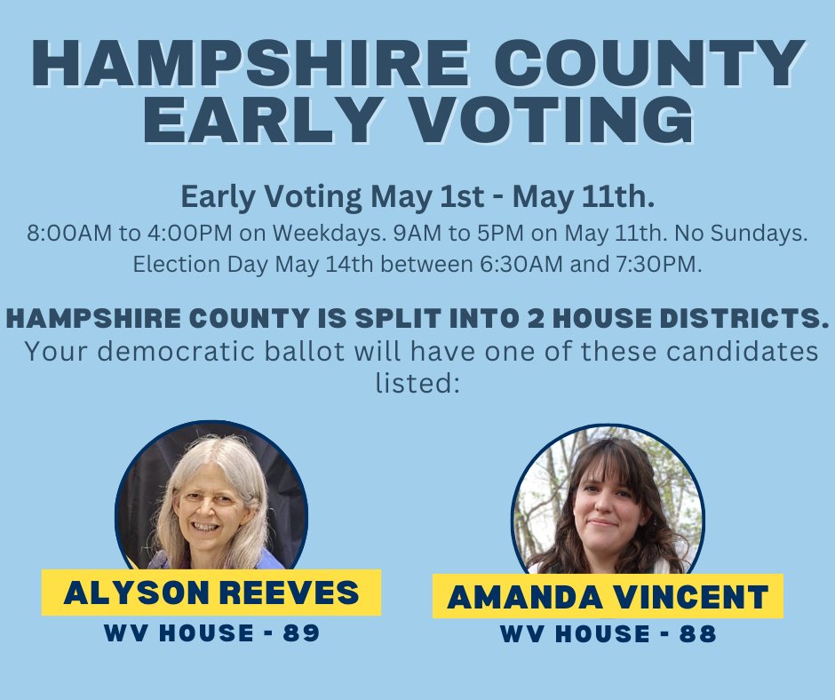 If you live in Hampshire County or Mineral County, please note that these counties are split into two House districts! For Hampshire County, if you don't see myself on your ballot, please make sure you look for Alyson. #wvpol