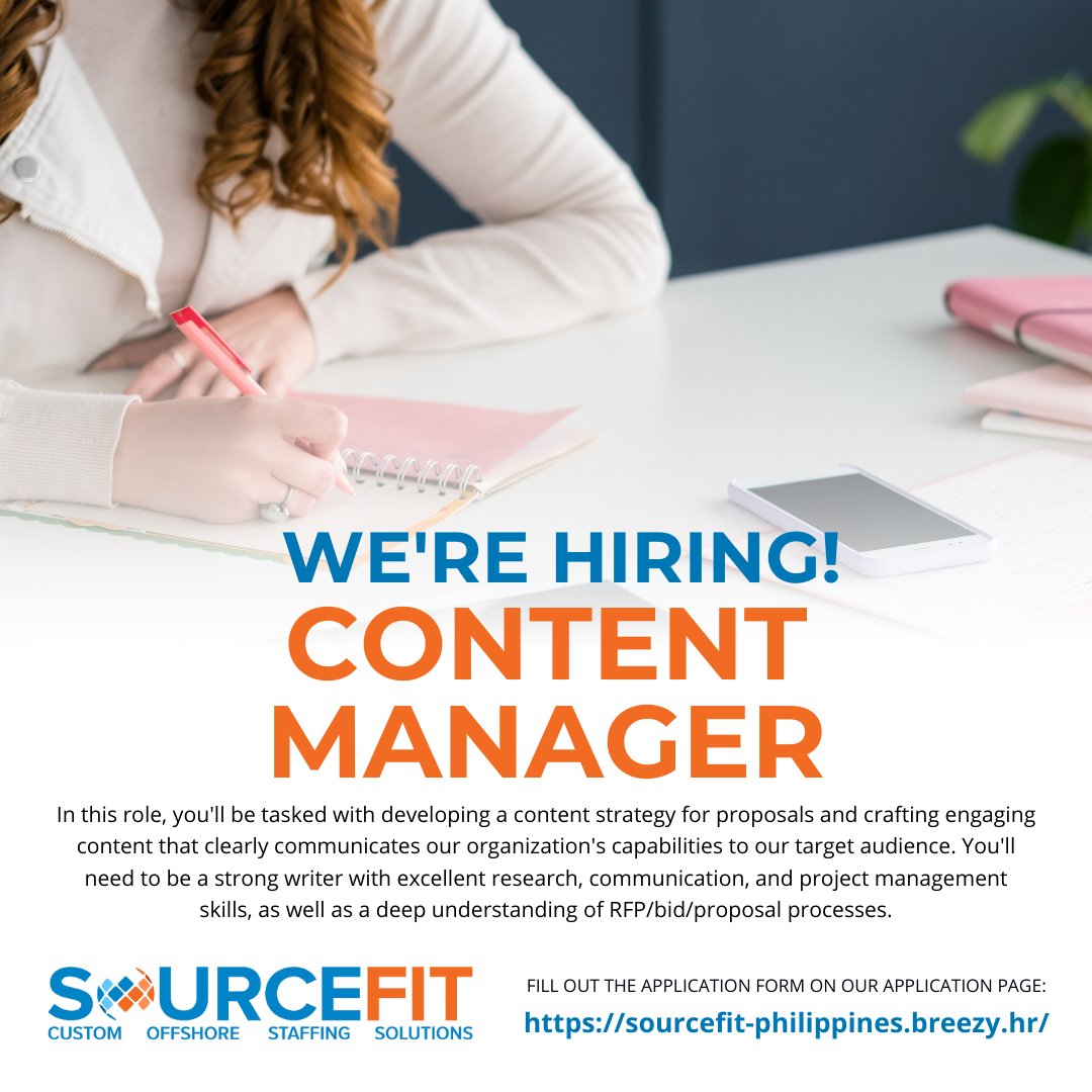 We're currently seeking a skilled and strategic Content Manager to join our team.

Click this link sourcefit-philippines.breezy.hr/p/596d45eab5b6…  to know more about this amazing opportunity.

#SourcefitJobs #Sourcefit #SourcefitCareers #Careers #Jobs #ApplyNow #Hiring #ContentManager