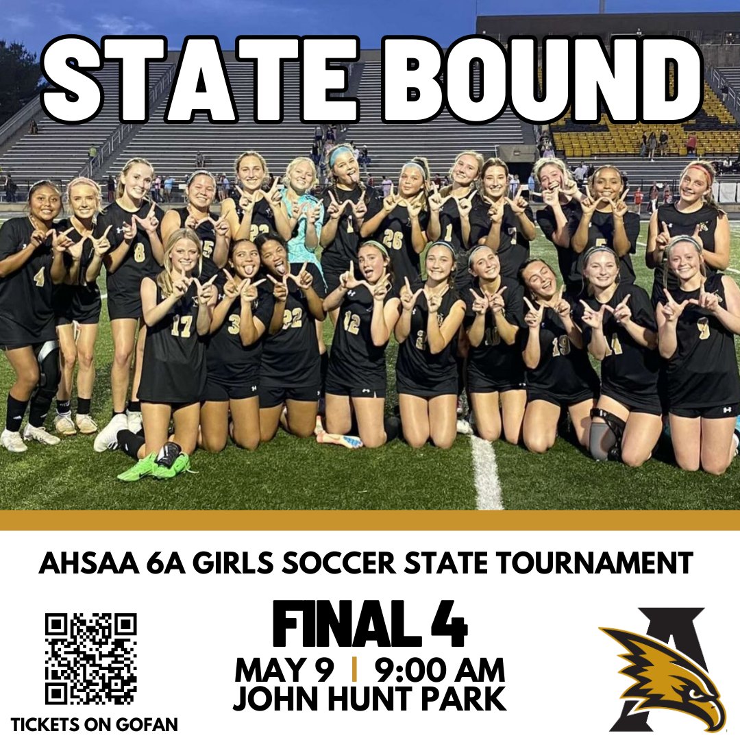 STATE BOUND Let's #goEagles! Athens Girls ⚽️ will take on #STATE this Thursday, May 9.  Tickets are available on GoFan. We wish these ladies the best of luck!!! #athensproud