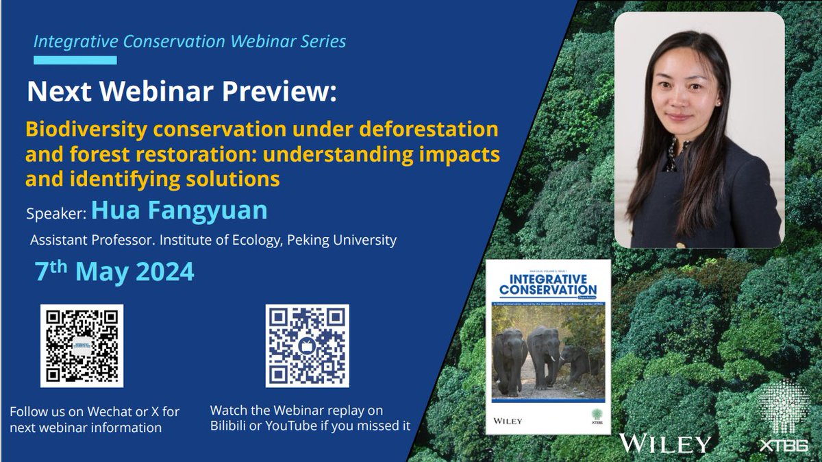 IC Webinar TOMORROW 🗓️7th May 4:30 (GMT+8) by A/Prof. HUA Fangyuan on 'Biodiversity conservation under deforestation and forest restoration: understanding impacts and identifying solutions'. #biodiversity #forest #deforest Register at: wiley.zoom.us/webinar/regist… @WileyEcolEvol