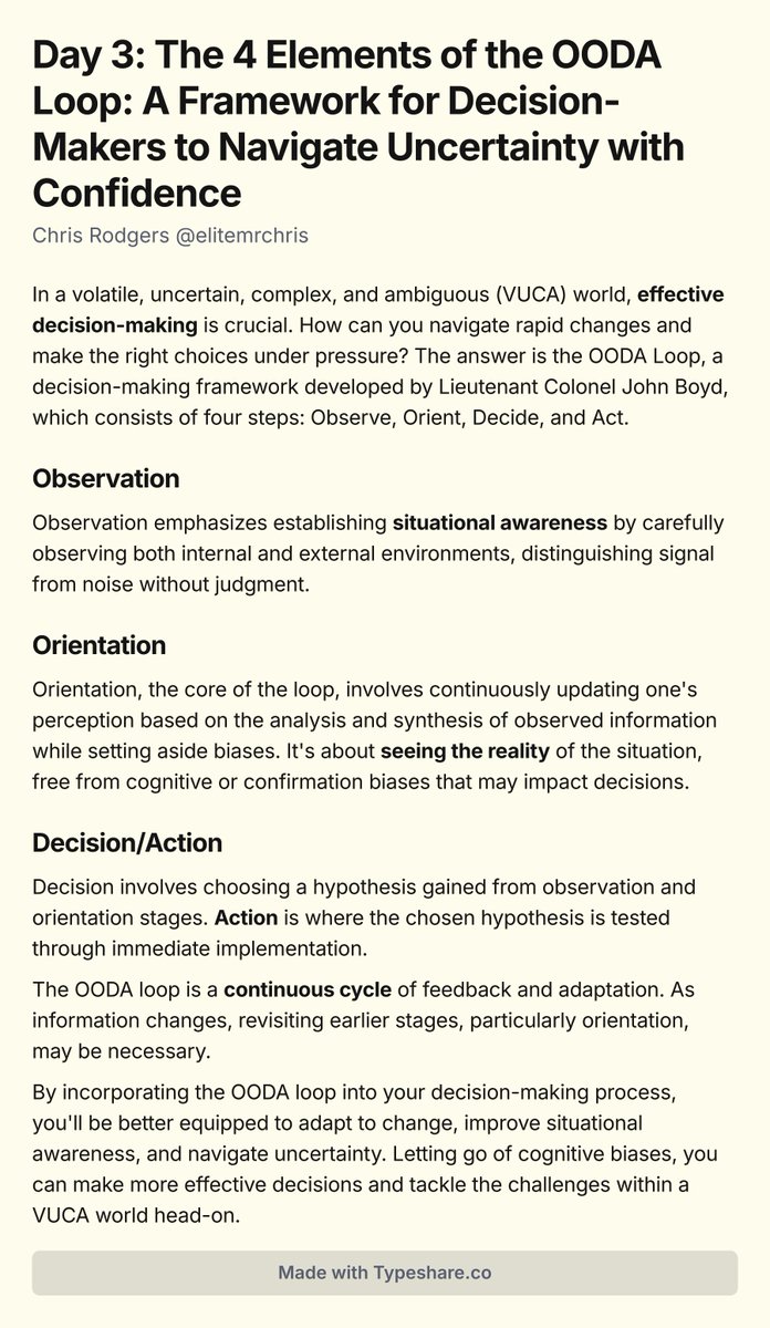 Day 3: The 4 Elements of the OODA Loop: A Framework for Decision-Makers to Navigate Uncertainty with Confidence

#ship30for30 #buildinpublic