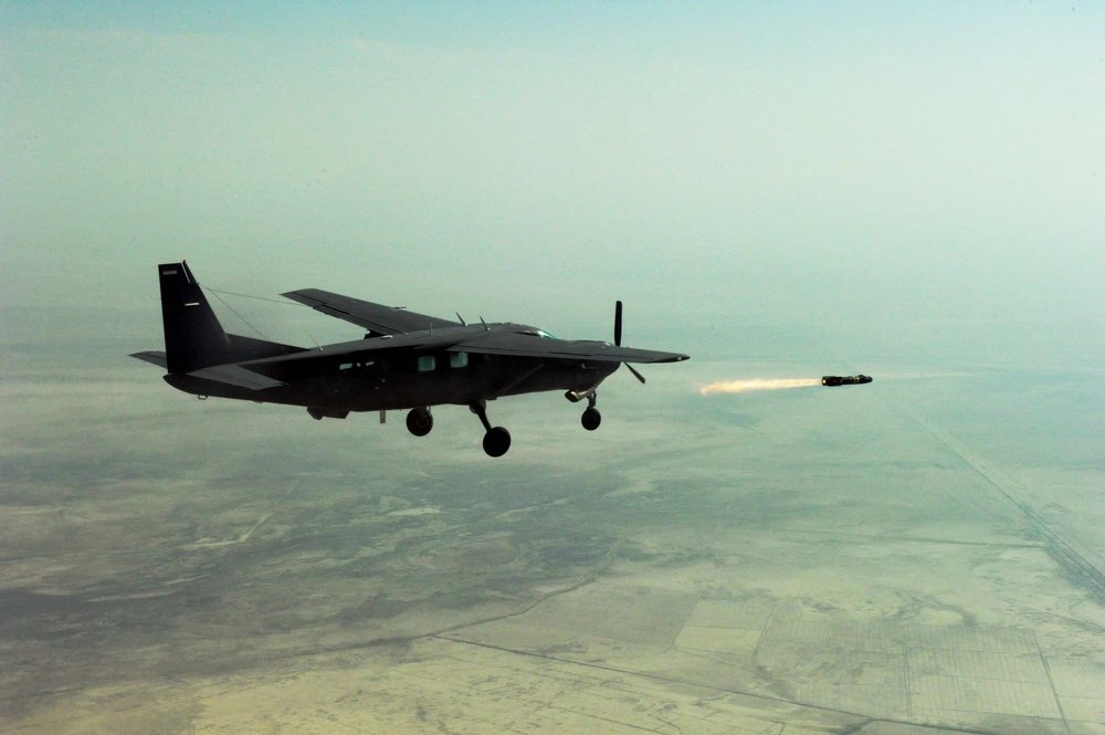 Iraqi Air Force AC-208 Cessna Grand Caravan test fires a Hellfire missile over Baghdad before being deployed in the fight against ISIS (2010)