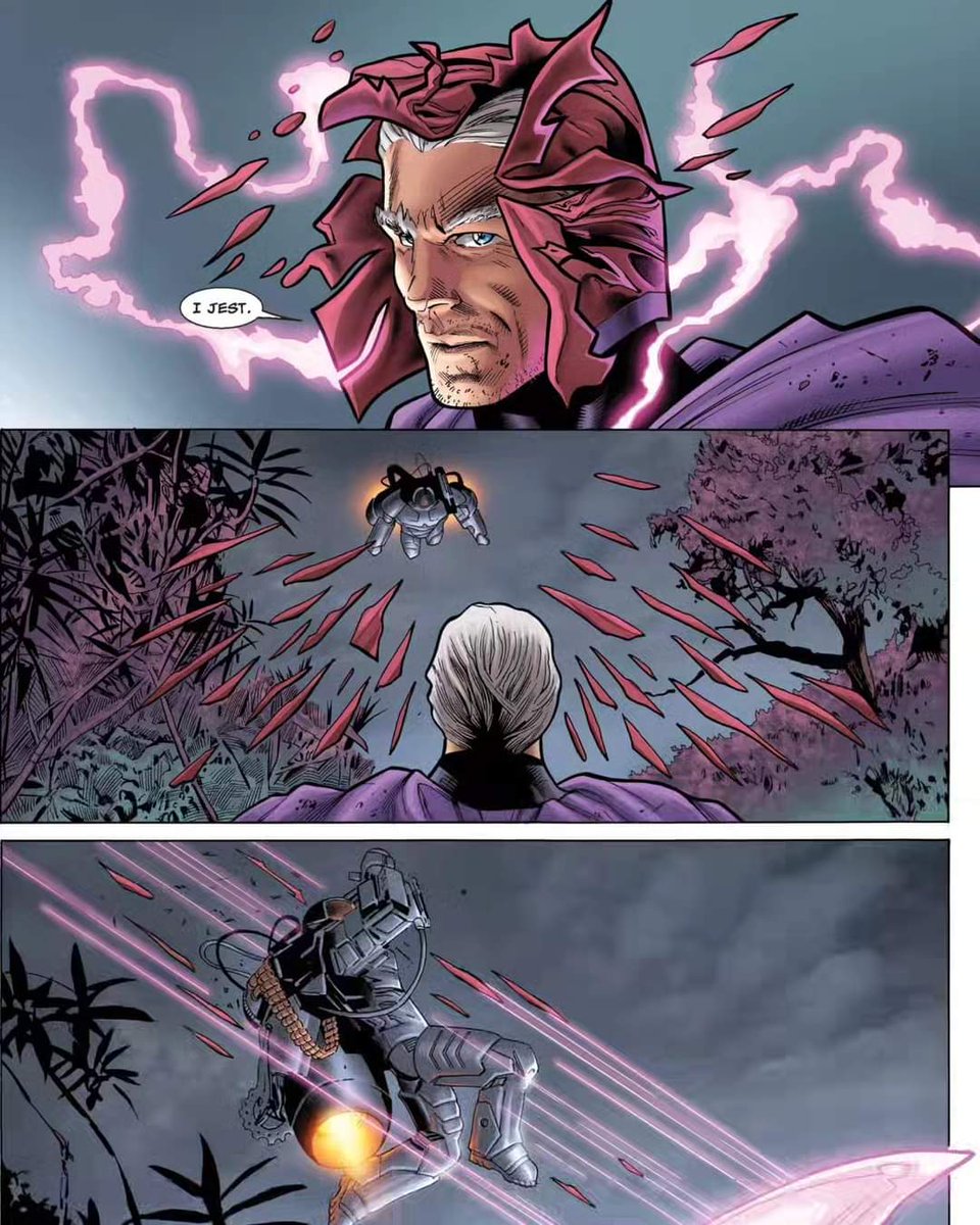 From Uncanny X-Men #6 (2012)

Magneto using his helmet as weapon because there is no other metal around is such a cool idea. 

Writer: Kieron Gillen / Penciler: Greg Land / Inker: Jay Leisten / Colorist: Guru-eFX / Letterer: