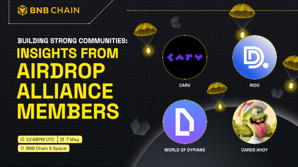 📢 Join us on 'Building Strong Communities: Insights from AIRDROP ALLIANCE Members' with @carv_official, @rido_crypto, @worldofdypians, and @cardsahoygame! 👉 x.com/i/spaces/1owxw… Don't miss out on the exclusive insights and learn from industry leaders. 🗓️ 7th May, 12 PM UTC