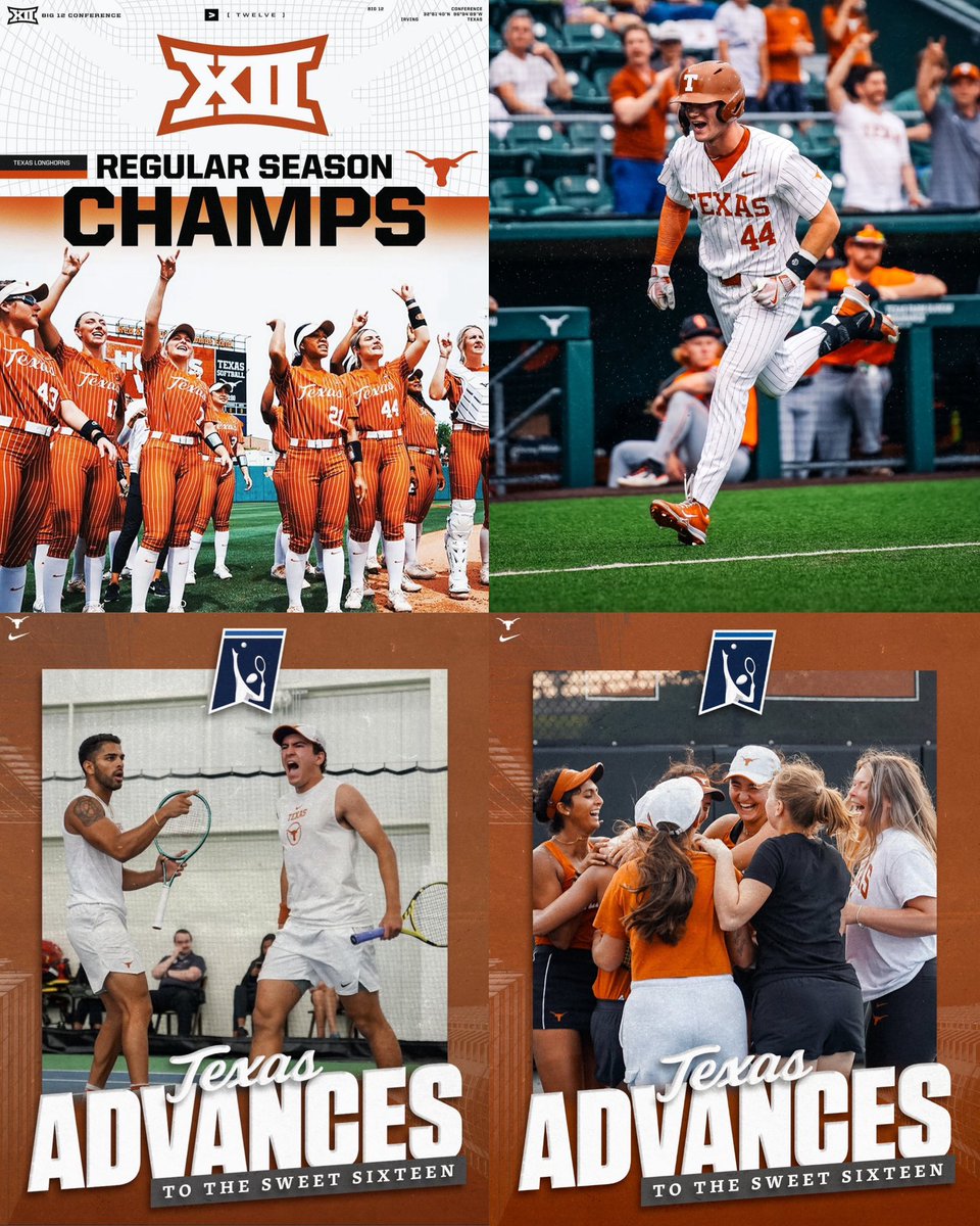 Another Awesome Weekend for our Longhorns🤘🏻 @TexasSoftball sweeps Tech, putting finishing touches on outright Big 12 Championship🏆 @TexasBaseball wins series vs # 14 Oklahoma State, moving into 2nd-place in Big 12 standings @TexasMTN & @TexasWTN both advance to NCAA Sweet 16