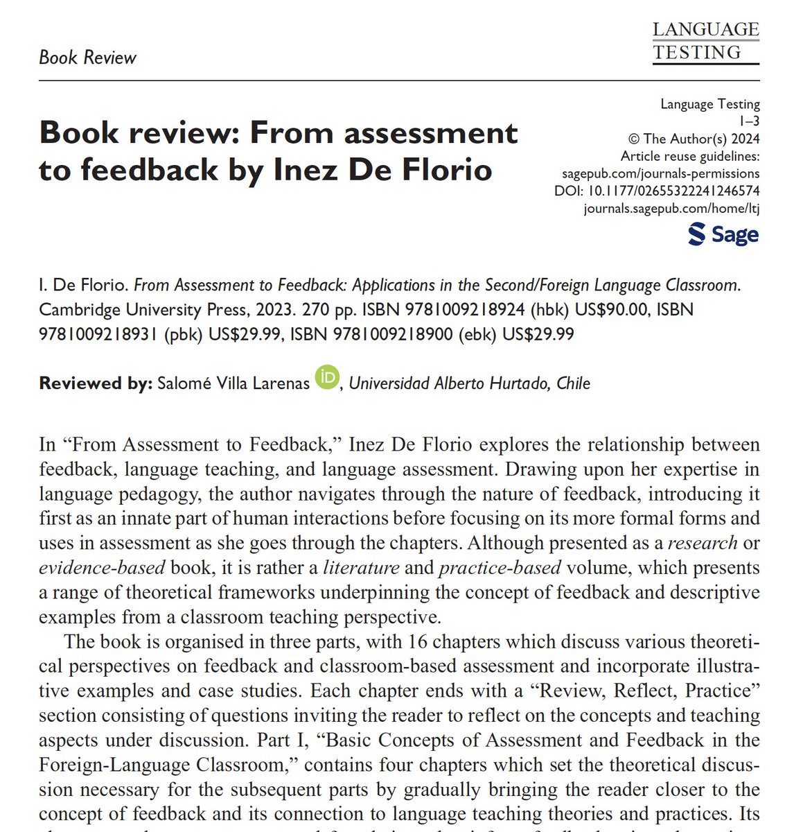Now available in Online First, Salomé Villa Larenas (<a href="/uahurtado/">Universidad Alberto Hurtado</a>) reviews From Assessment to Feedback by Inez De Florio.
journals.sagepub.com/doi/10.1177/02…