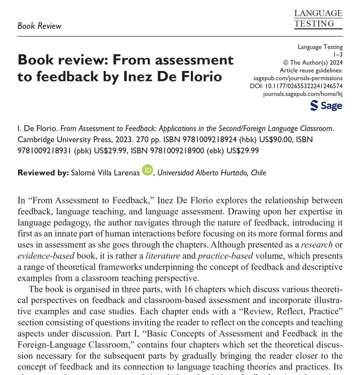 Now available in Online First, Salomé Villa Larenas (@uahurtado) reviews From Assessment to Feedback by Inez De Florio. journals.sagepub.com/doi/10.1177/02…