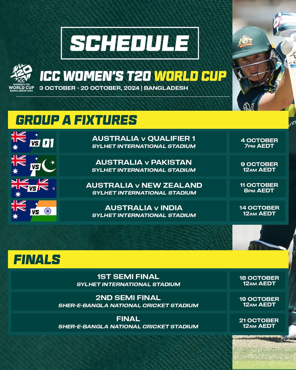 Australia’s fixtures for the 2024 @t20worldcup in Bangladesh are locked in! 🔒🇧🇩