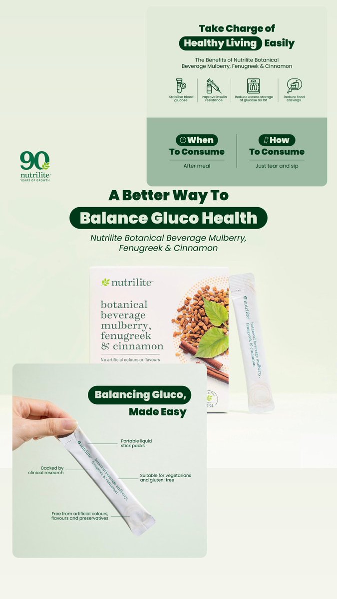 Balancing Gluco, Made Easy 🌿 Take charge of your health journey with the new Nutrilite Botanical Beverage Mulberry, Fenugreek & Cinnamon! 

Scientifically formulated with three natural and powerful key ingredients which are 👇🏻
👉🏻Mulberry leaf
👉🏻Fenugreek seeds
👉🏻Cinnamon extract