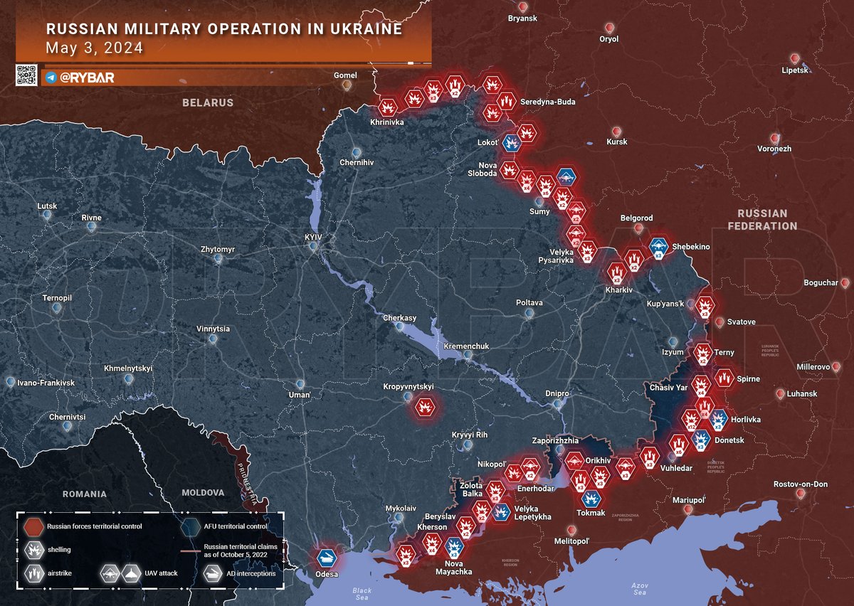 🇷🇺⚔️🇺🇦 
Resultados de la operación especial en Ucrania al finalizar el 3 de mayo:

⚔️ La situación en los frentes:

◽️En la dirección de Artyómovsk (Bajmut):
El mando ucraniano está trasladando refuerzos a Chasov Yar de otros sectores del frente, convirtiendo la ciudad en otro…