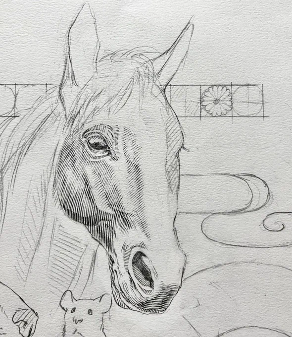 切り絵の馬の下描きが出来てきました。 一枚目が今描いてる向き。裏から下描きしてるので完成は2枚目の向き。 反転しても不自然じゃないな👍  #切り絵下描き #切り絵途中経過