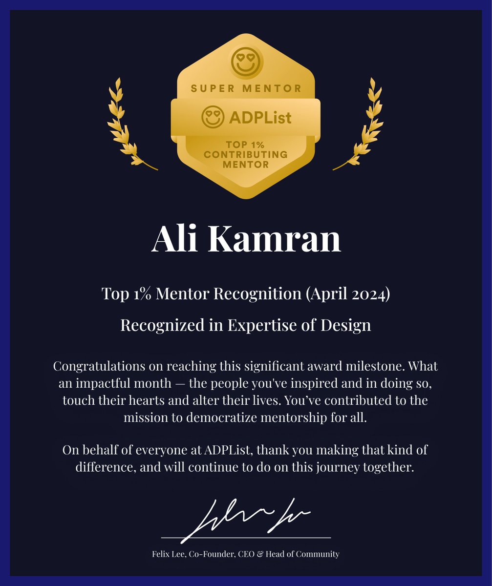 I'm overjoyed to once again be recognized as a Top 1% Mentor in Expertise of Design. It's incredibly humbling, and I've truly cherished every interaction with my mentees.

We can make a difference together!

#BeMore #ADPList @ADPList #UX #productDesign