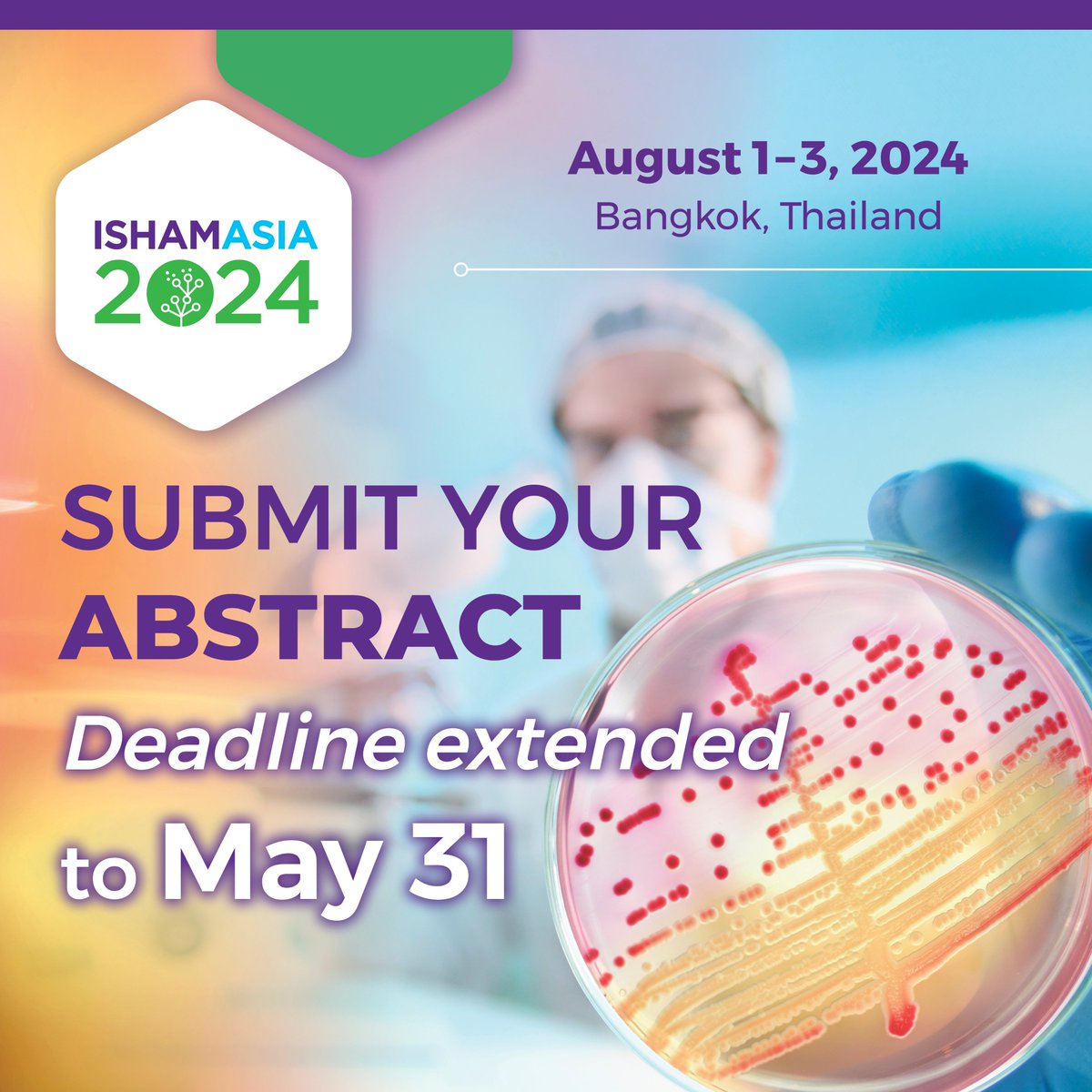We’re extending the abstract submissions deadline to May 31! Here’s your last chance to present your research at the #ISHAMAsia Congress on August 1–3, Bangkok, Thailand: bit.ly/44rc1V9.

#thinkfungus #infectiousdiseases #microbiology