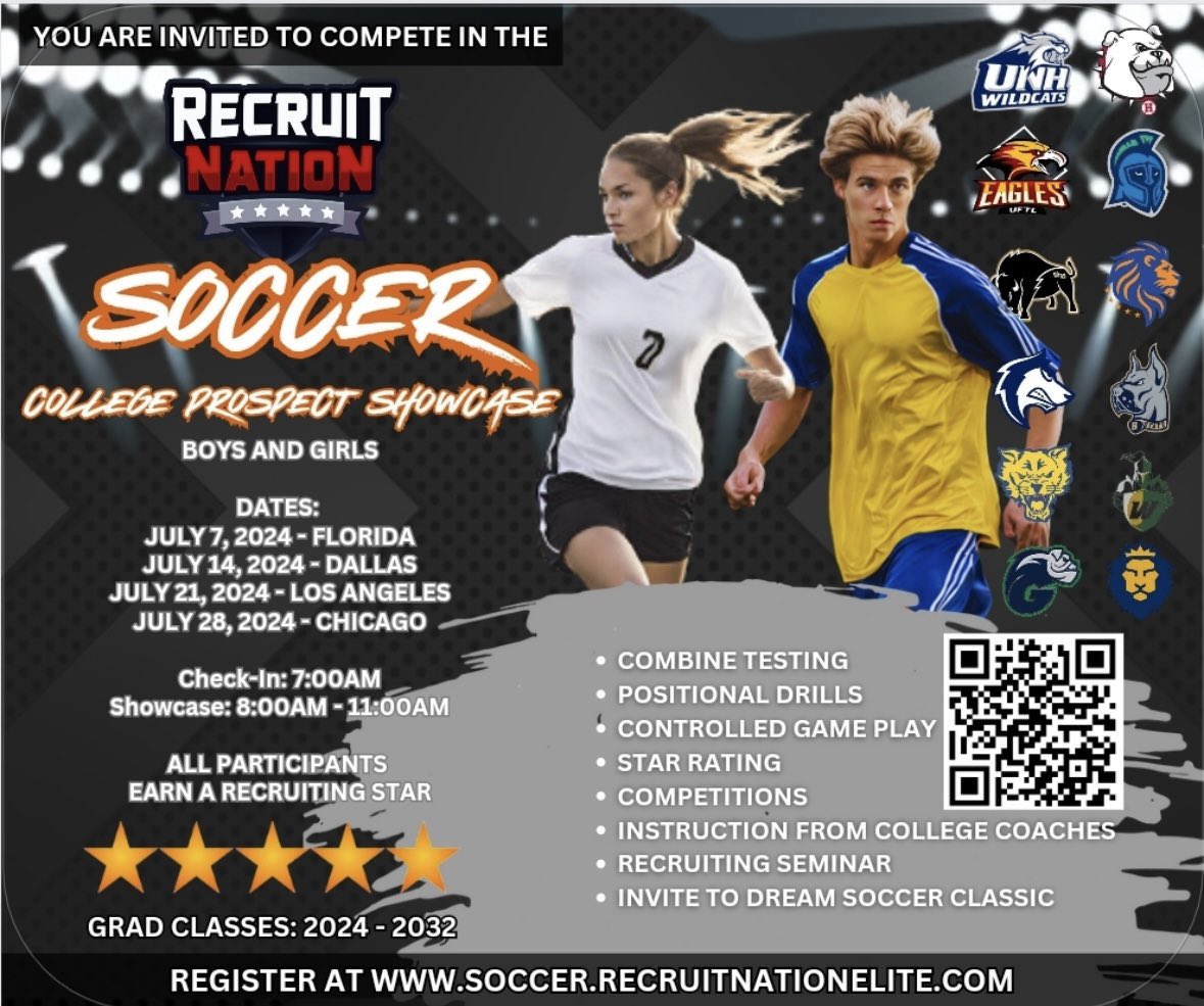Upcoming ⚽️College Prospect Showcases July 7/7 SE (Babson Park FL at WEbber) 7/14 South (Dallas TX) 7/21 SW (CA) 7/28 MW (Chicago IL) 🔥For More Details or To Register Now recruitnationelite.com/exposure-series