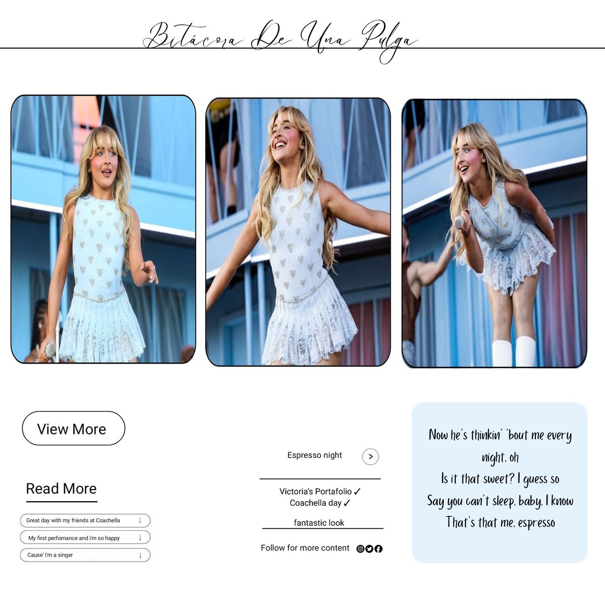 ◞© 𝗐𝖾𝖻𝘀𝗶𝘁𝗲 ── 
https://𝕊𝖾𝗋𝖾𝗇𝖽𝗂𝗉𝗂𝖺𝖿𝗄𝗄/blog
Bitácora De Una Pulga 🌙- Eventos 
El día de hoy me vine a presentar por primera vez en Coachella,  que agradecida por la invitación y con mis amigos que me vinieron a acompañar...
#VicChella
#CoachellaRP