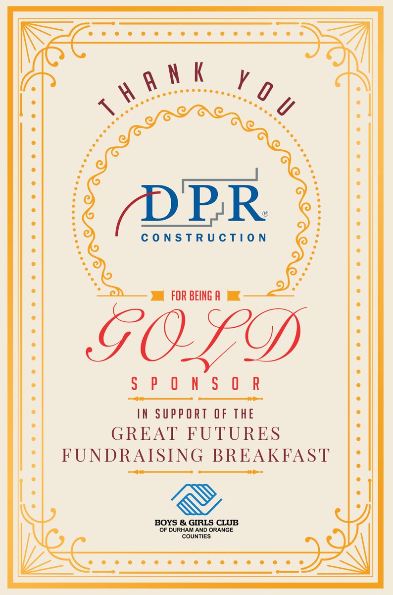Boys & Girls Clubs of Durham and Orange Counties (@bgcdoc) on Twitter photo As we count down the days to the annual #GreatFuturesBreakfast at #BGCDOC, we want to thank each volunteer, donor and corporate sponsor for your constant commitment to these children who are at the center of the mission at our clubs.
Today we salute: <a href="/DPRConstruction/">DPR Construction</a> for being a As we count down the days to the annual #GreatFuturesBreakfast at #BGCDOC, we want to thank each volunteer, donor and corporate sponsor for your constant commitment to these children who are at the center of the mission at our clubs.
Today we salute: <a href="/DPRConstruction/">DPR Construction</a> for being a