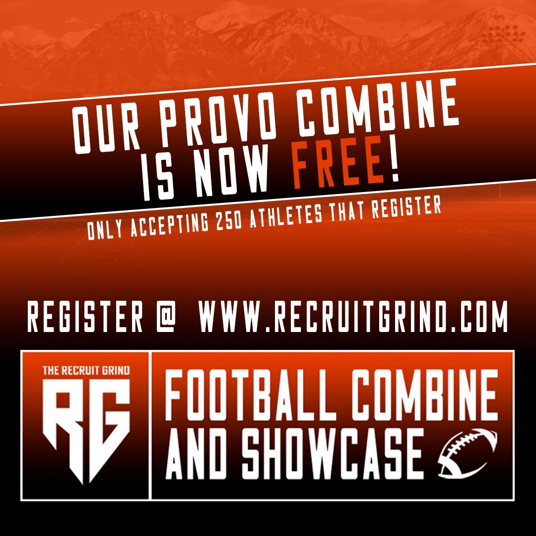 Who:  8th-12th Graders wanting to get recruited

What: verified body measurements &amp; combine drills

When: Saturday, May 11th 8:30am

Where: Provo High School 

Free because money shouldn’t be a roadblock in your recruiting journey.

You have to register @ recruitgrind.com