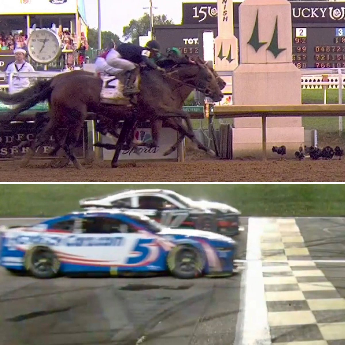 TWO PHOTO FINISHES IN ONE WEEKEND. Saturday: Mystik Dan wins the Kentucky Derby by a nose. Sunday: Kyle Larson wins in the closest finish in NASCAR Cup Series history.