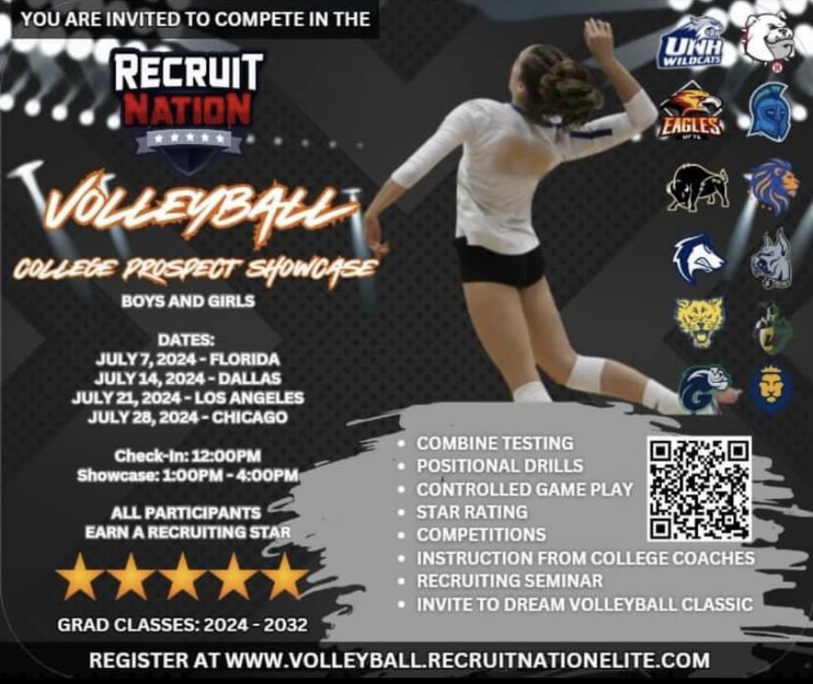 Upcoming 🏐 College Prospect Showcases July 7/7 SE (Babson Park FL at WEbber) 7/14 South (Dallas TX) 7/21 SW (CA) 7/28 MW (Chicago IL) 🔥For More Details or To Register Now recruitnationelite.com/exposure-series